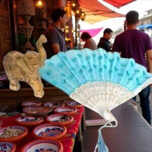 Light Blue Fabric Foldable Fan with Sequins